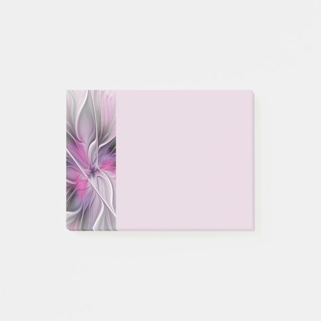 Bloco De Notas Floral Fractal Moderno Abstrato Flor Rosa Cinza (Frente)