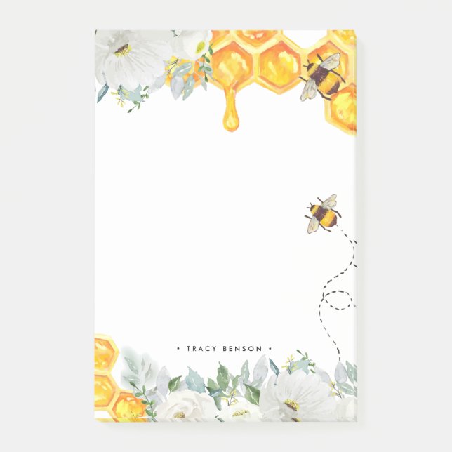 Bloco De Notas Floral Honeycomb Bumble Bee Monograma Personalizad (Frente)