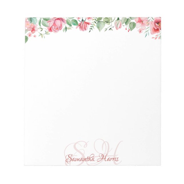 Bloco De Notas Floral Moderno Monograma Flores Nome Personalizado (Frente)