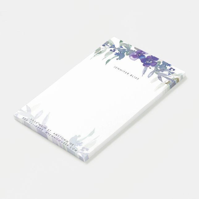 Bloco De Notas Floral personalizado com aquarela azul e roxa (Inclinado)