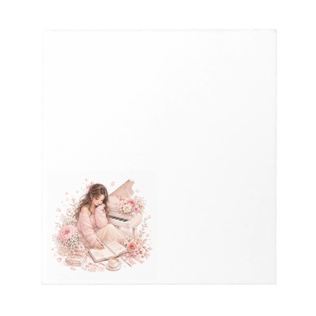Bloco de Notas Floral Piano Rosa Suave (Frente)