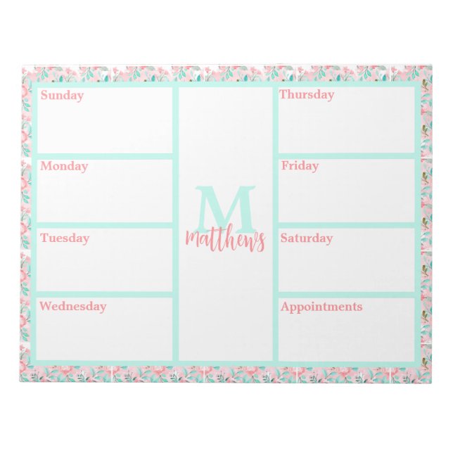 Bloco de Notas Floral Semanal Rosa e Aqua (Frente)