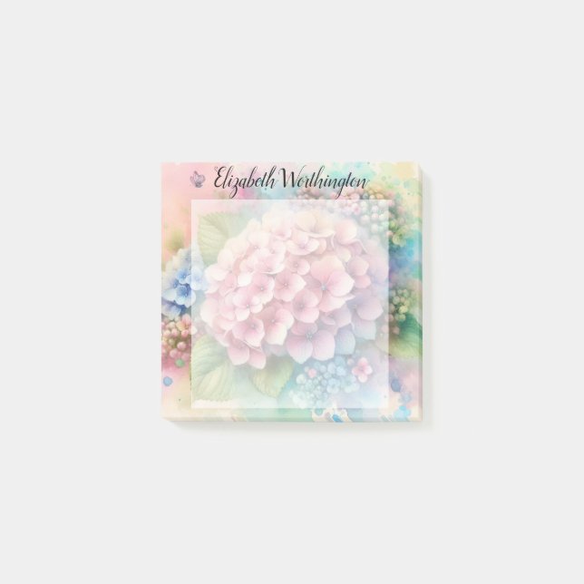 Bloco De Notas Floral watercolor monogram pink hydrangea  (Frente)