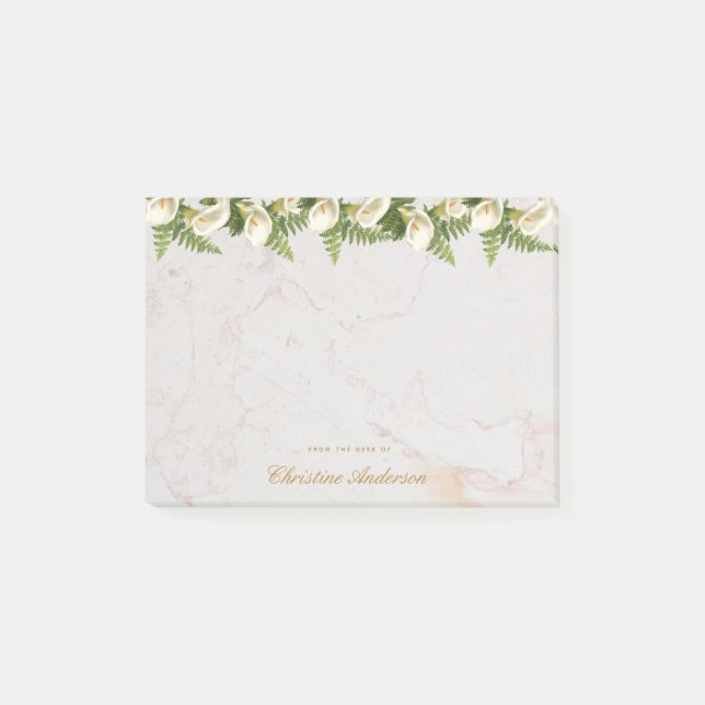 Bloco De Notas Floral White Calla Lily Marble Ouro Script (Frente)