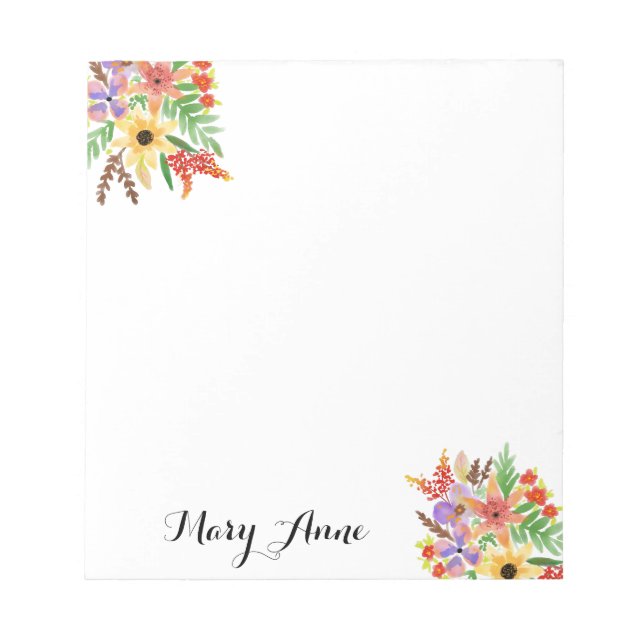 Bloco De Notas Flores Amarelas Vermelhas Púrpura De Aquarela (Frente)