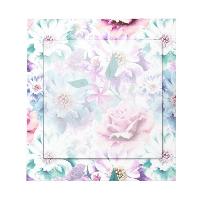 Bloco De Notas Flores azuis, cor de água rosa. (Frente)