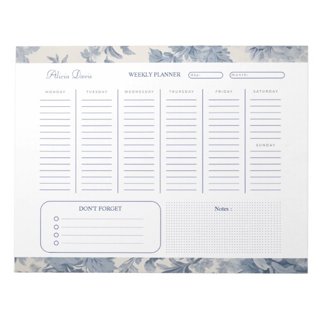 Bloco De Notas Flores Azuis Toile de Jouy Weekly Planner (Frente)