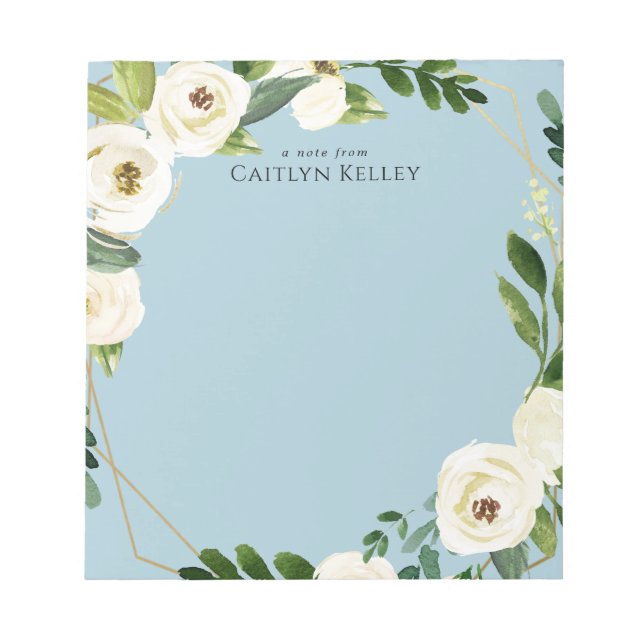 Bloco De Notas Flores Brancas De Aquarela, Azul Personalizado (Frente)