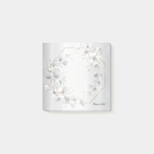 Bloco De Notas Flores brancas de aquarela Ouro Frame Silver Teal (Frente)