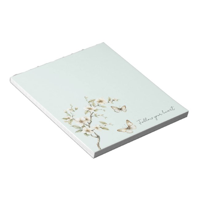 Bloco De Notas Flores Brancas Menta Borboletas   (Inclinado)