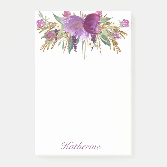 Bloco De Notas Flores de Aquarelas Roxas e Douradas (Frente)