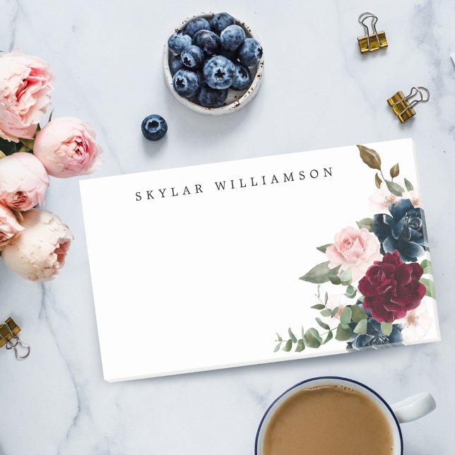 Bloco De Notas Flores de Borgonha Vermelha e Elegante Azul (Red Burgundy & Blue Elegant Watercolor Flowers Post-it Notes)