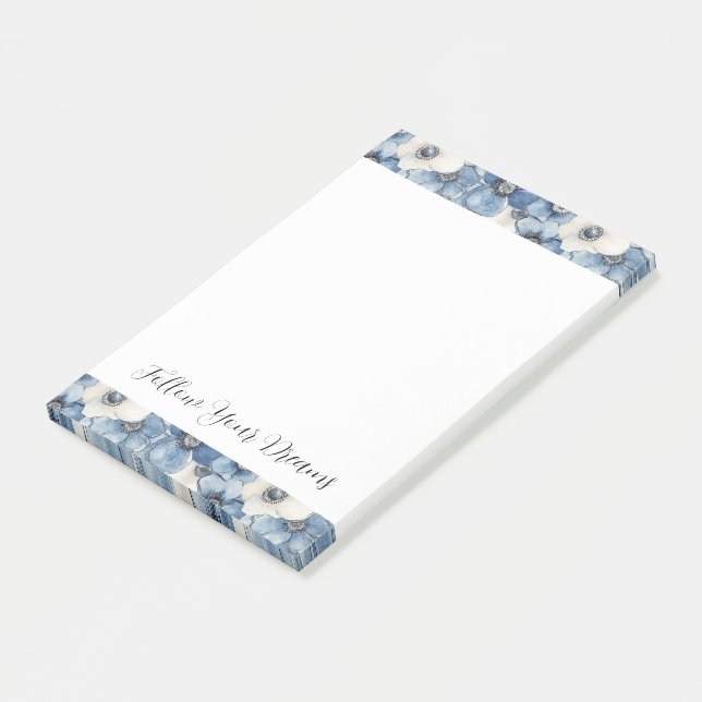 Bloco De Notas Flores de Jeans Branco Azul Aniversário (Inclinado)