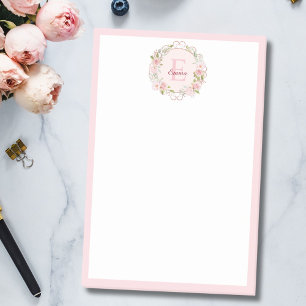 Bloco De Notas Flores de Rosa Cor de Rosa em Aquarela com Monogra