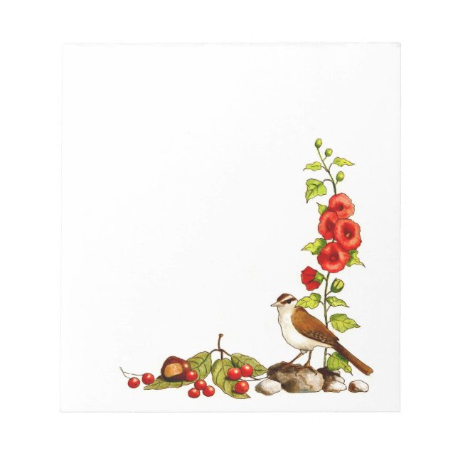 Bloco De Notas Flores Desenhadas à Mão, Pássaro, Bagas: Borda da  (Frente)