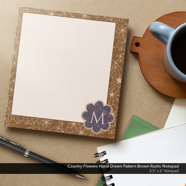 Bloco De Notas Flores-do-campo Padrões Desenhados de Mão Marrom R (Country Flowers Hand Drawn Rustic Pattern in Brown: 5.5"x6" Notepad with Dark Purple Monogram)