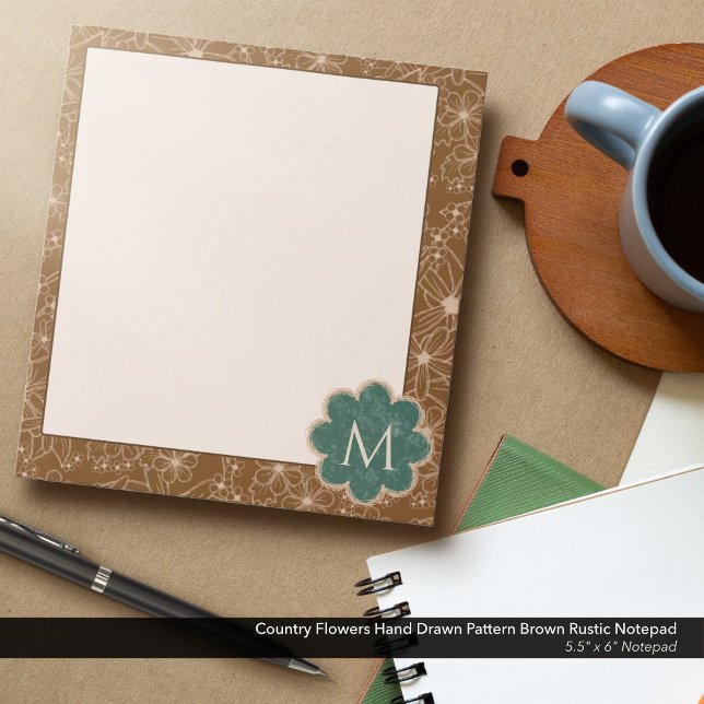 Bloco De Notas Flores-do-campo Padrões Desenhados de Mão Marrom R (Country Flowers Hand Drawn Rustic Pattern in Brown: 5.5"x6" Notepad with Hunter Green Monogram)