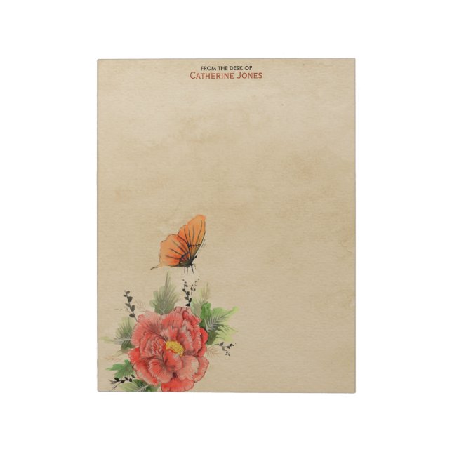 Bloco De Notas Flores e Borboleta | Pergaminho | Papel Antigo (Invertido)