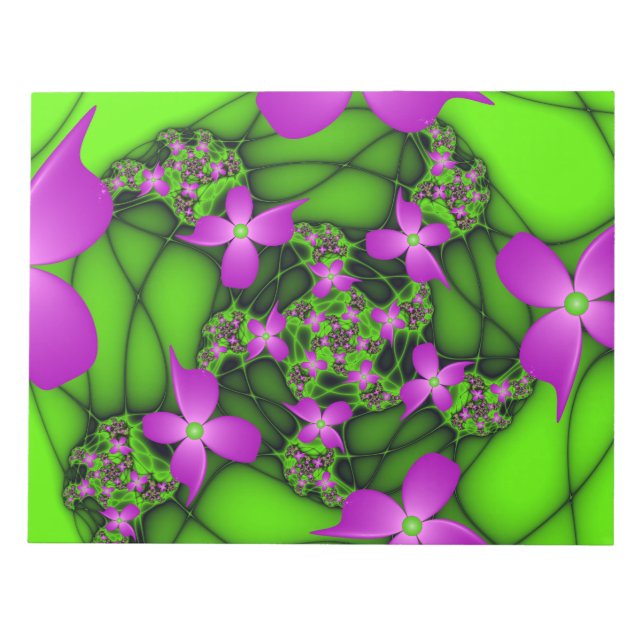 Bloco De Notas Flores Fractais Modernas Abstratas Rosa Verde Neon (Frente)