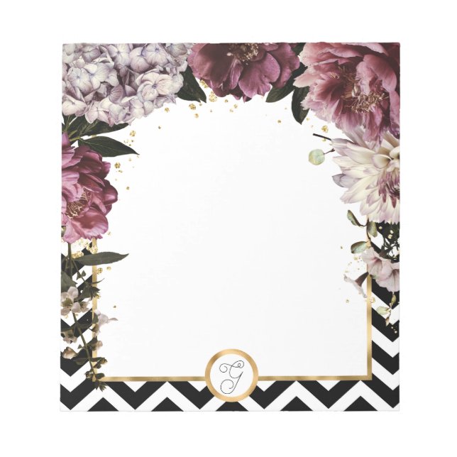 Bloco De Notas Flores Mauve Monogramas e Douradas com Chevron (Frente)