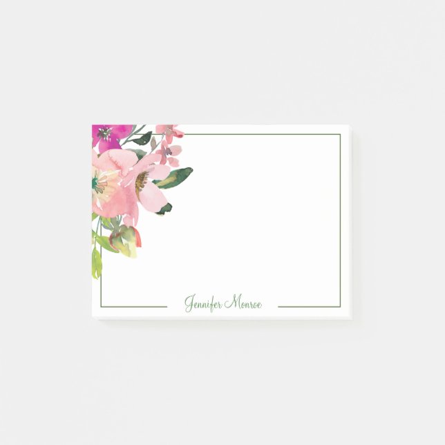Bloco De Notas Flores personalizadas em aquarela rosa  (Frente)