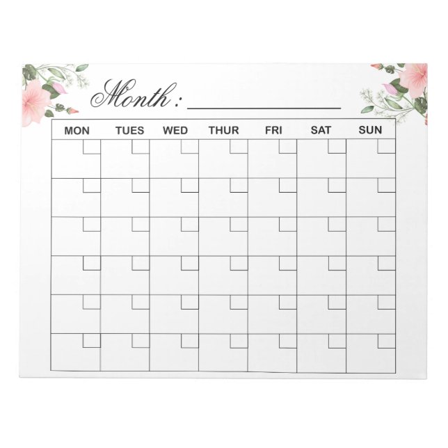 Bloco De Notas Flores - Planejador de Calendário Mensal (Frente)