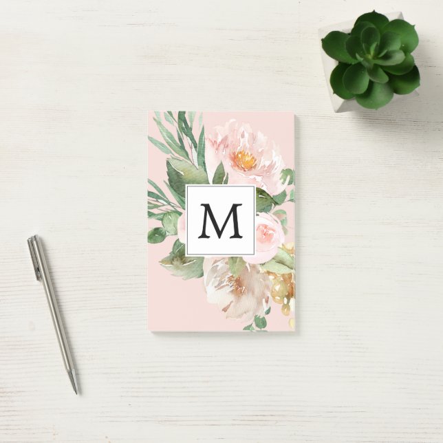 Bloco De Notas Flores Rosa Cor-de-Água Moderna Monogramadas (Escritótio)