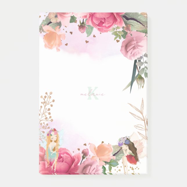 Bloco De Notas Flores Rosa E Rapariga De Fadas (Frente)