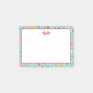 Bloco De Notas Flores Rosa e Vermelhas no Monograma Teal