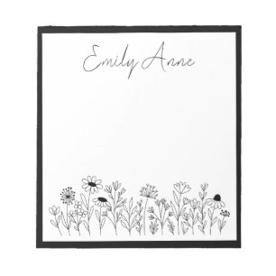 Bloco De Notas Flores Silvestres em Preto e Branco Desenho de Flo