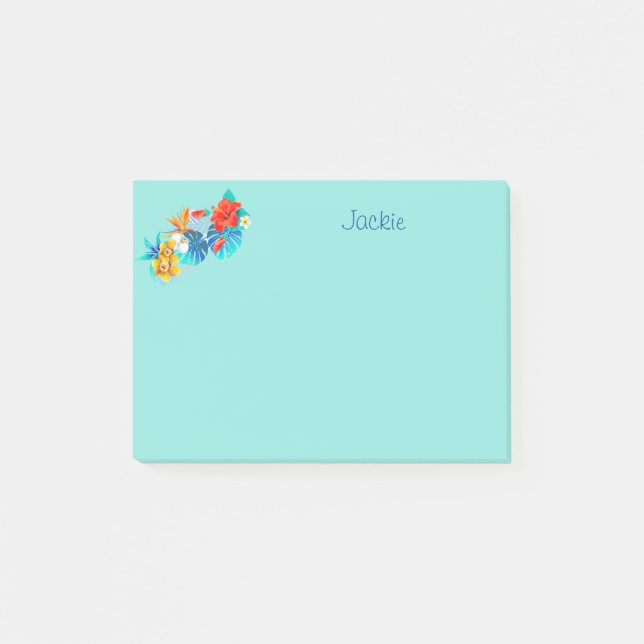 Bloco De Notas Flores Tropicais Turquesas Personalizadas 4x3 (Frente)
