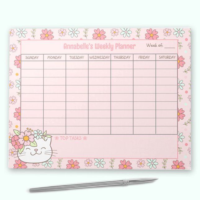 Bloco De Notas Folha de Gato Rosa-Rosa-Gato-de-Planner Semanal (Weekly Planner Cute Cat Pink Floral Name Tear Away Notepad)