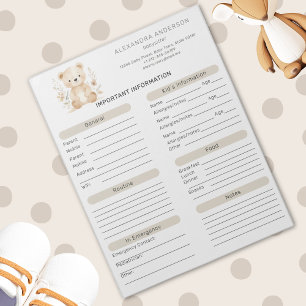 Bloco De Notas Folha de Informações do Babysitter do Urso de Aqua