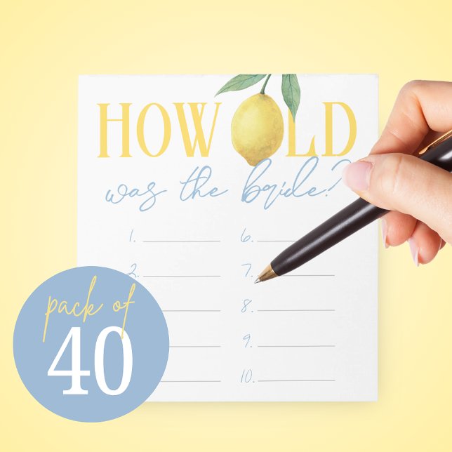 Bloco De Notas Folha de Respostas do Jogo Qual Era a Idade da Noi (How Old Was the Bride Pack of 40 Watercolor Lemon Game Answer Sheets)