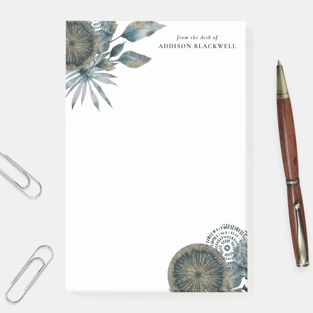 Bloco De Notas Folhas Douradas Geométricas De Azul Teal Da Mesa D (Criador carregado)