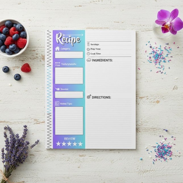 Bloco De Notas Folhas Elegantes Azuis e Brancas | Páginas de Rece (minimalist blank recipe pages template for ingredients, instructions and directions)