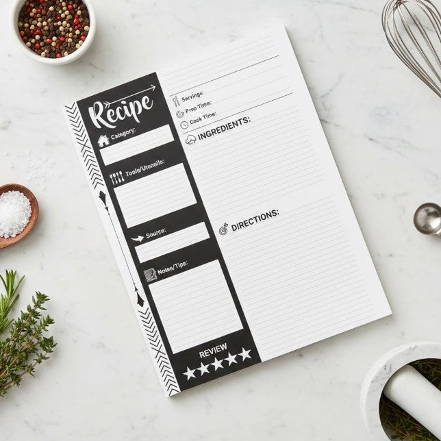 Bloco De Notas Folhas Modernas em Preto e Branco | Páginas de Rec (Blank Cooking Paper for DIY Cookbook & Personalized Meal Organizer | 40 sheets | Family Owned Brand)