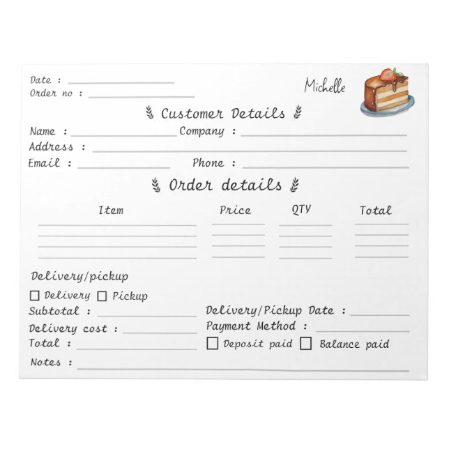 Bloco De Notas Formulário de Encomenda de Padaria de Cupcake de P (Frente)
