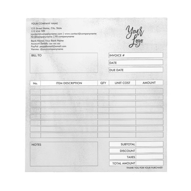 Bloco De Notas Formulário de fatura Cota comercial Adicionar logo (Frente)