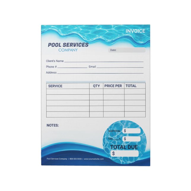 Bloco De Notas Formulário de Fatura de Serviços de Piscina (Invertido)