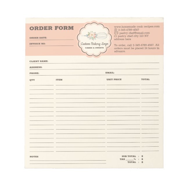 Bloco De Notas Formulário de pedido de cliente do Whisk da Bakery (Frente)