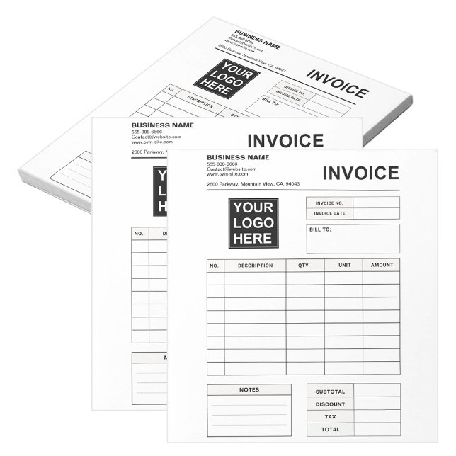 Bloco De Notas Formulários de Pedido de Fatura Personalizados e L (custom logo Business Invoice Template black and white)