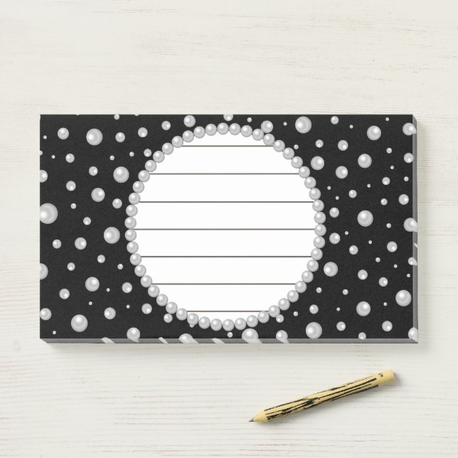 Bloco De Notas Foto Personalizada com Círculo de Pérolas em Preto (Na mesa)