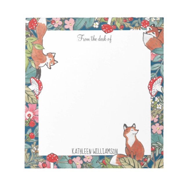 Bloco De Notas Fox Raposa Whimssé Personalizada em Floresta Teal  (Frente)