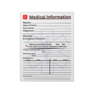 Bloco De Notas Frigorífico de emergência de informações médicas
