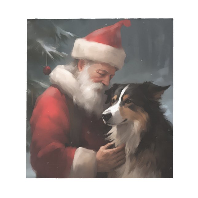 Bloco De Notas Fronteira Collie com Papai Noel Natal Festivo (Frente)