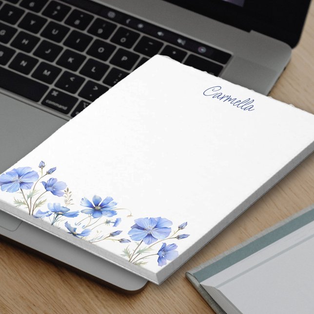 Bloco De Notas Fronteira de Flores Silvestres Lindas Flores Azuis (Personalized notepad with border of blue wildflowers)