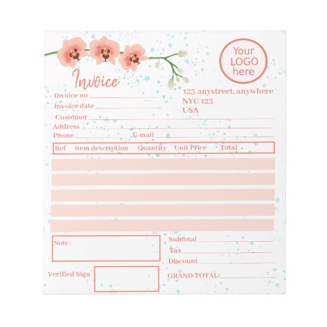 Bloco De Notas Frota Peach Orchid Flowers Fatura Florista (Frente)