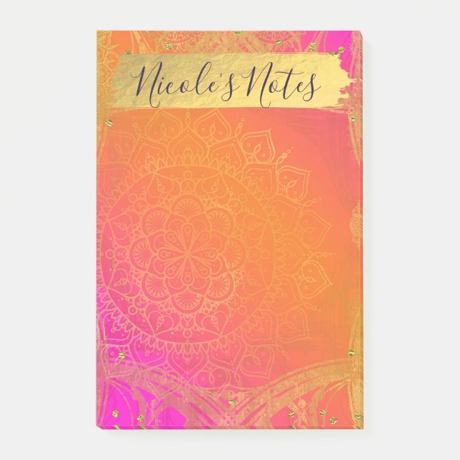 Bloco De Notas Fuchsia Rosa Laranja e Dourado Glam Mandala Indian (Frente)