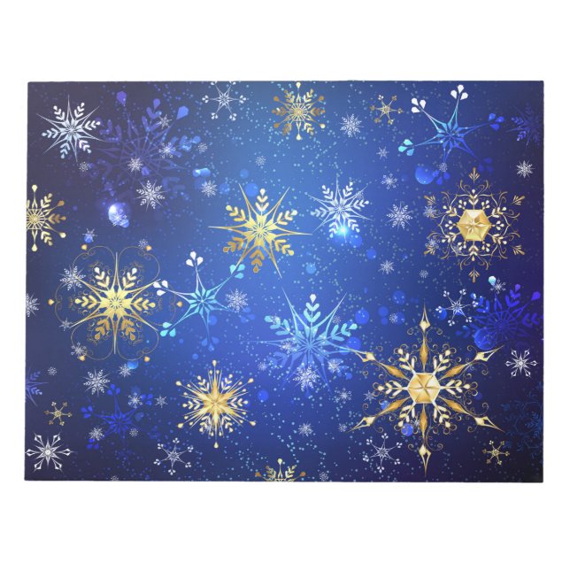 Bloco De Notas Fundo Azul XMAS com Flocos de Neve Ouro (Frente)